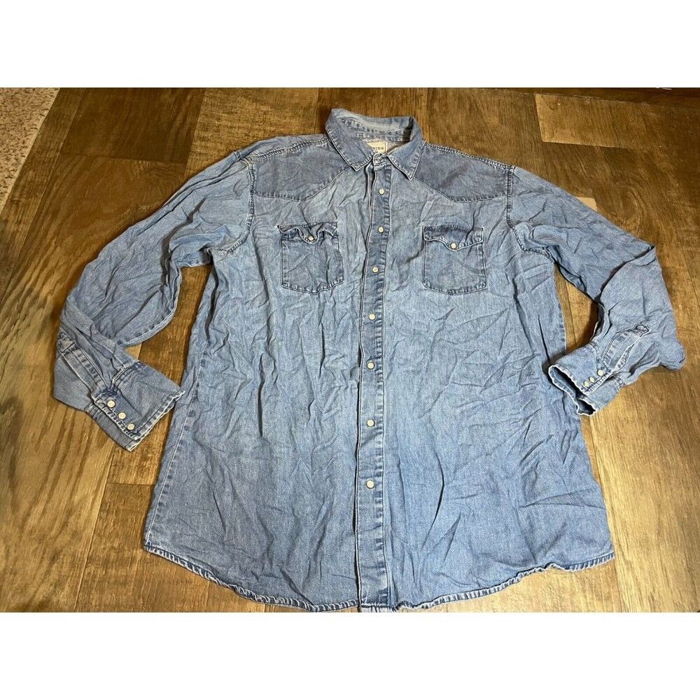 Frontier Denim Chore Coat Jacket Mens XXL Blue Pockets Pearl Snap Button Up